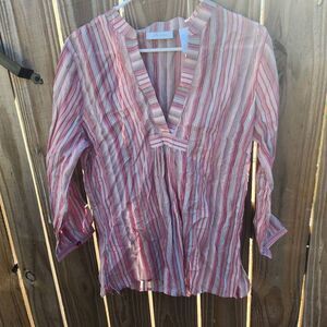 JH Collection Thin Cotton Stripe Beachy Tunic Top Women's Medium Pink Cream Stri